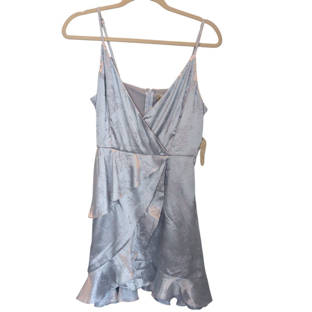 NWT Altar'd State Women's Sz L Blue Satin Faux Wrap Slip Dress Ruffle Romantic